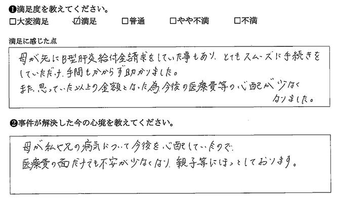 思っていた以上の金額となった為、今後の医療費等の心配が少なくなりました