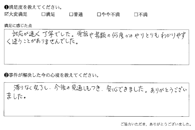 滞りなく完了し、今後の見通しもつき、安心できました