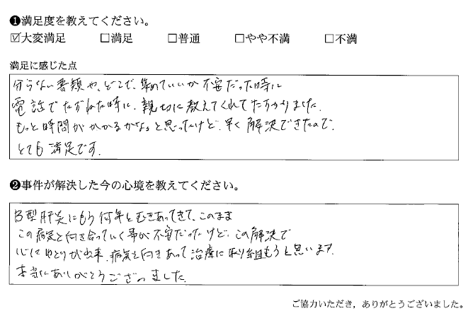 心にゆとりが出来、病気と向き合って治療に取り組もうと思います