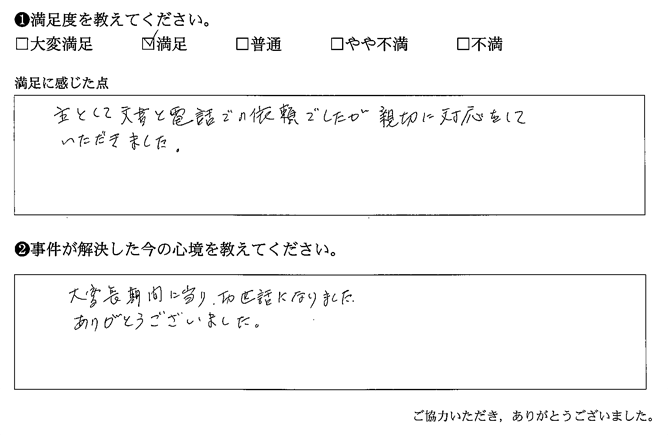 主として文章と電話での依頼でしたが親切に対応をしていただきました