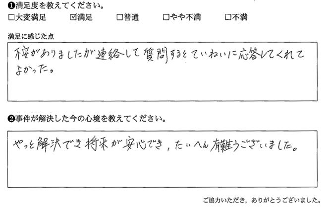 不安がありましたが連絡して質問するとていねいに応答してくれてよかった