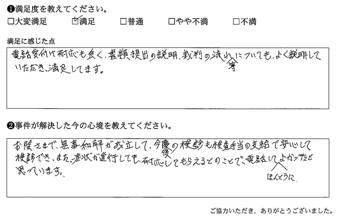 書類提出の説明、裁判の流れ等についても、よく説明していただき、満足してます。