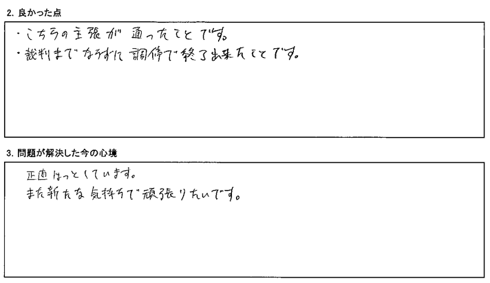 こちらの主張が通り、裁判までならずに調停で終了出来た